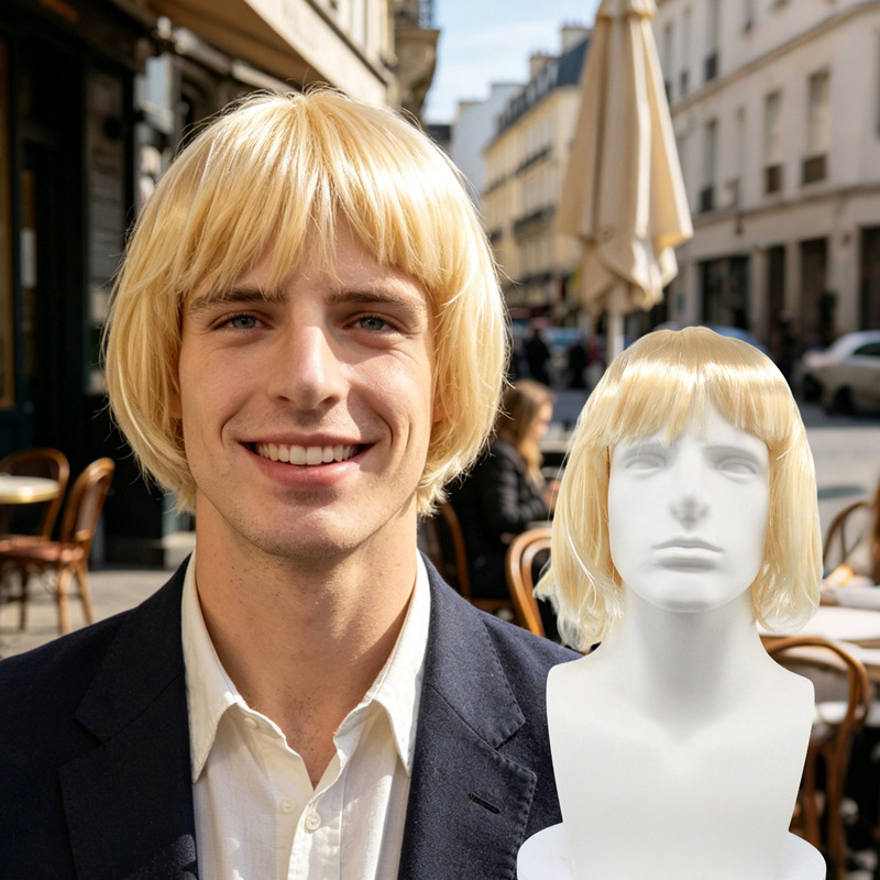 2026 Amazon New European and American Style Men's Wig with Side Bangs, Golden Color, Anime Cosplay Wholesale, Daily Use