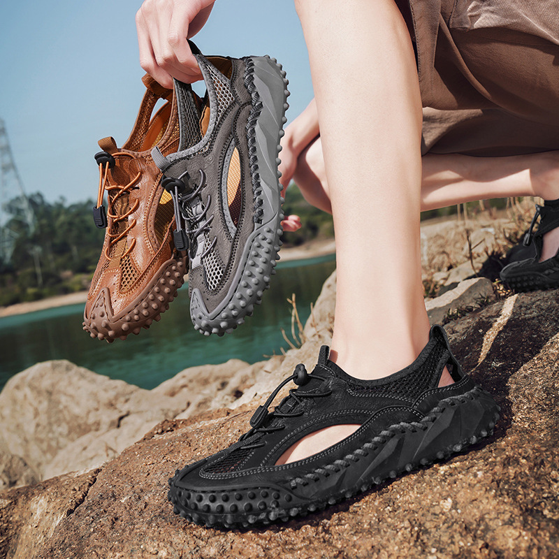 Baotou Men's Sandals Genuine Leather Men's Shoes Summer Large Size Hollow Soft Sole Hand-Stitched Trendy Beach Shoes_vogvips.com