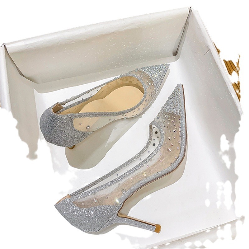 Mesh fashionable shoes with rhinestones low-cut pointed-toe stiletto…