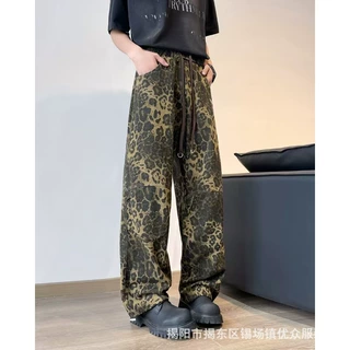 2025豹纹裤子女美式卫裤春季直筒嘻哈街舞hiphop潮牌工装休闲长裤
