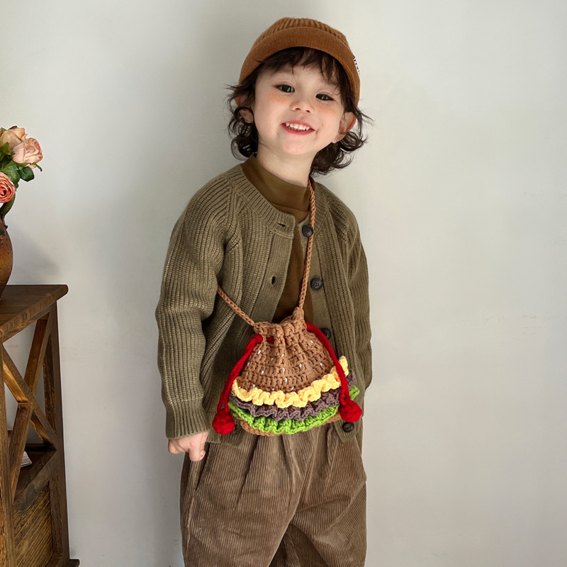 Nuevo terminado lindo hamburguesa cordón bolsa de moda creativa pequeños niños tejidos cubo bolsa de dibujos animados bolsa chica