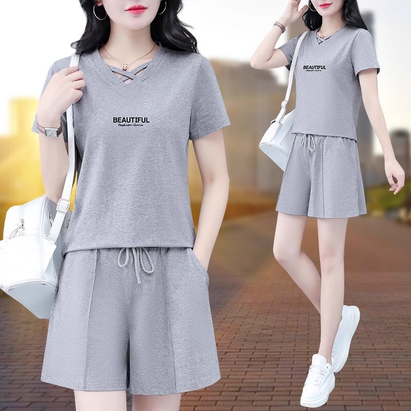 Pure Cotton Short-Sleeved Shorts Suit for Women 2026 New Summer Fashionable and Stylish Running Gray Casual Sports Two-Piece Set