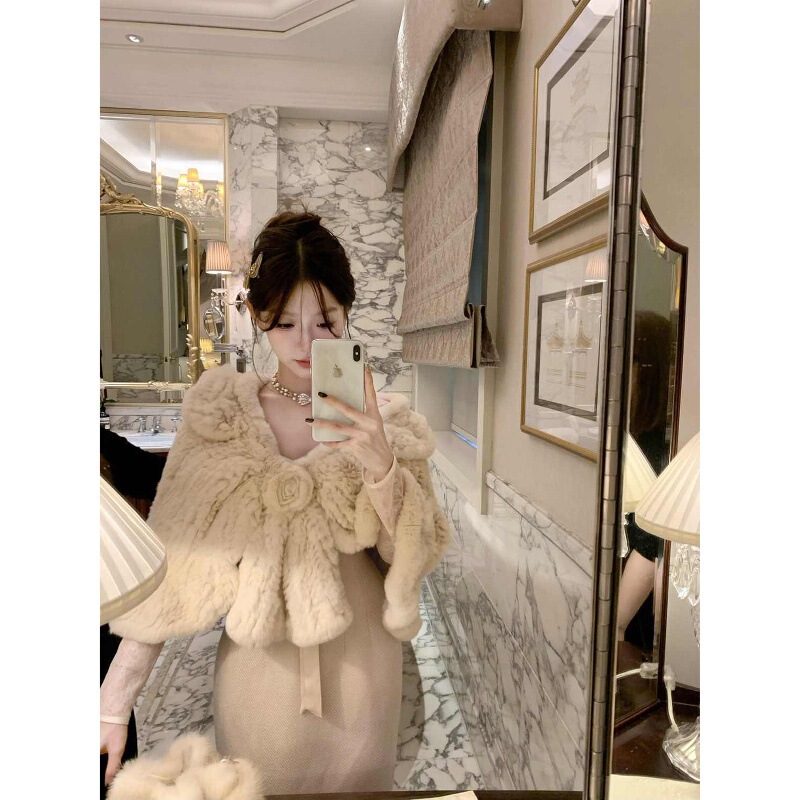 中古千金感翻折花瓣领毛毛斗篷披肩/小香风蕾丝气质连衣裙套装女|undefined