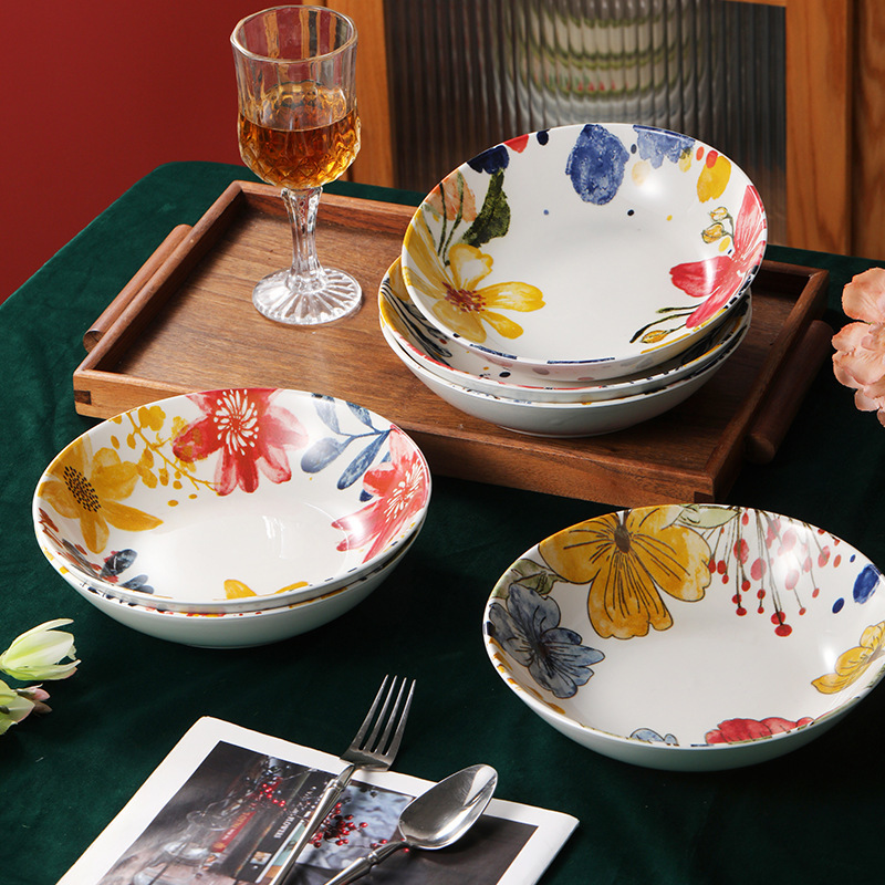 Creative Pastoral Style 8inch Deep Ceramic Plates for Soup, Household Dishes, Fruit Plates, Salad Plates, Round Plates for Export