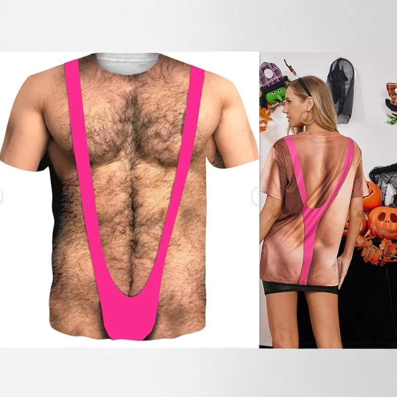 Funny 3D Fake Abs T-shirt Men's Hairy Muscle Figure Short Sleeve Cosplay Clothing Novel Sexy Women's T-shirt