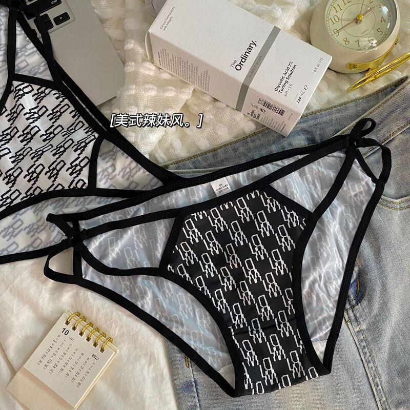 Trendy ice Silk Letter underwear girl sexy sports style cross strap mid waist hollow cotton crotch briefs women
