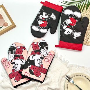 Foreign Trade Export Mickey and Minnie Baking Kitchen Cartoon Cotton Creative Thickeneded Anti-Scalding Insulation Gloves Pair
