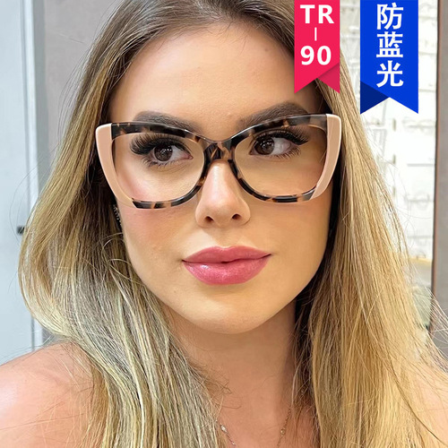 Cross-border European and American cat-eye glasses frame TR90 anti-blue light color-blocking flat glasses without makeup retro personality street style glasses frame