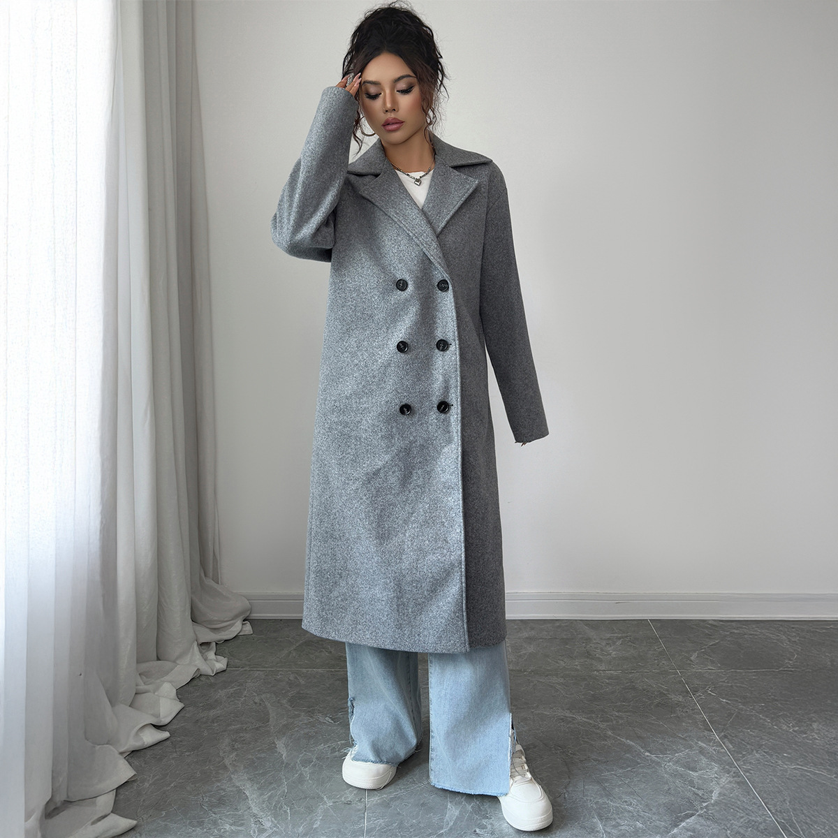 Elegant Button-Down Trench Coat For Women – Minimalist Long Coat In Soft Gray, Polyester, Office & Casual Wear_ecoleips.com