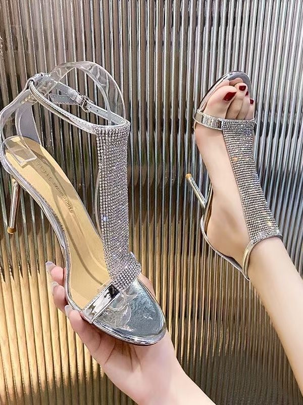 2025 Summer European and American Silver One-Line Buckle Strap Rhinestone Sandals Women's Open Toe Sexy Hot Girl Strap High Heels Stiletto Heels 2025 Summer European and American Silver One-Line Buckle Strap Rhinestone Sandals Women's Open Toe Sexy Hot Girl Strap High Heels Stiletto Heels