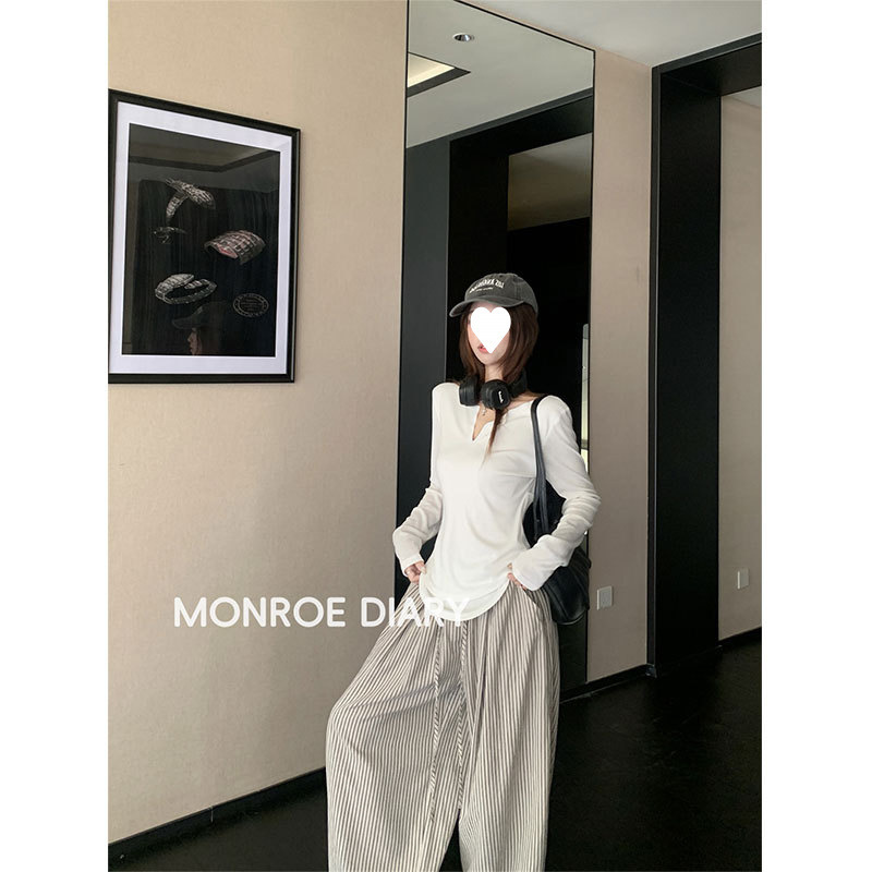 【人棉】露背长袖V领白色罩衫T恤女早秋韩系收腰显瘦假两件拼接上|undefined