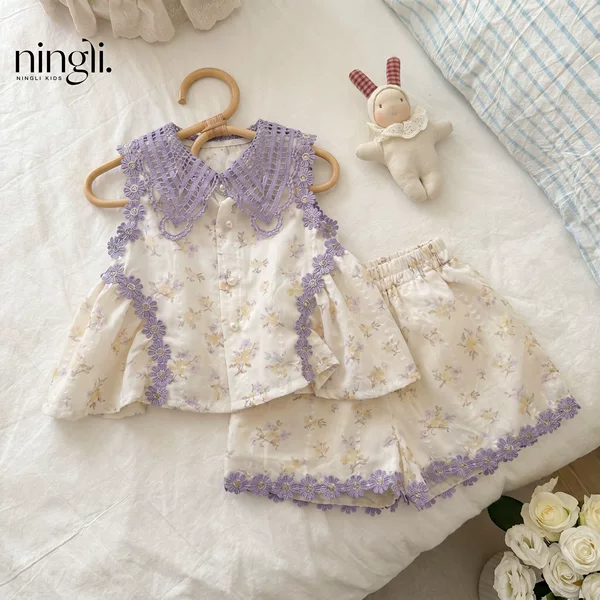 Ningli Girls' Floral Lace Two-Piece Set Summer New Fashion Sleeveless Top and Shorts Stylish Outfit for Little Girls