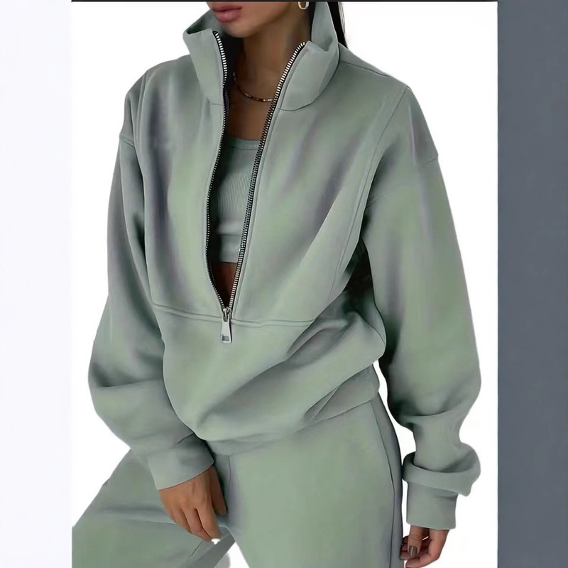 European and American Cross-Border Fashion Casual Sports Home Loose Comfortable Zipper Fleece Knit Sweatshirt and Sweatpants Two-Piece Women's Set