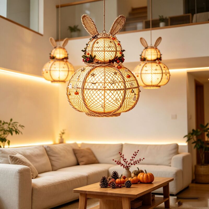 New cross-border product: French pastoral style rabbit ear wicker lampshade for floral display, terrace tea seating, autumn Halloween lighting