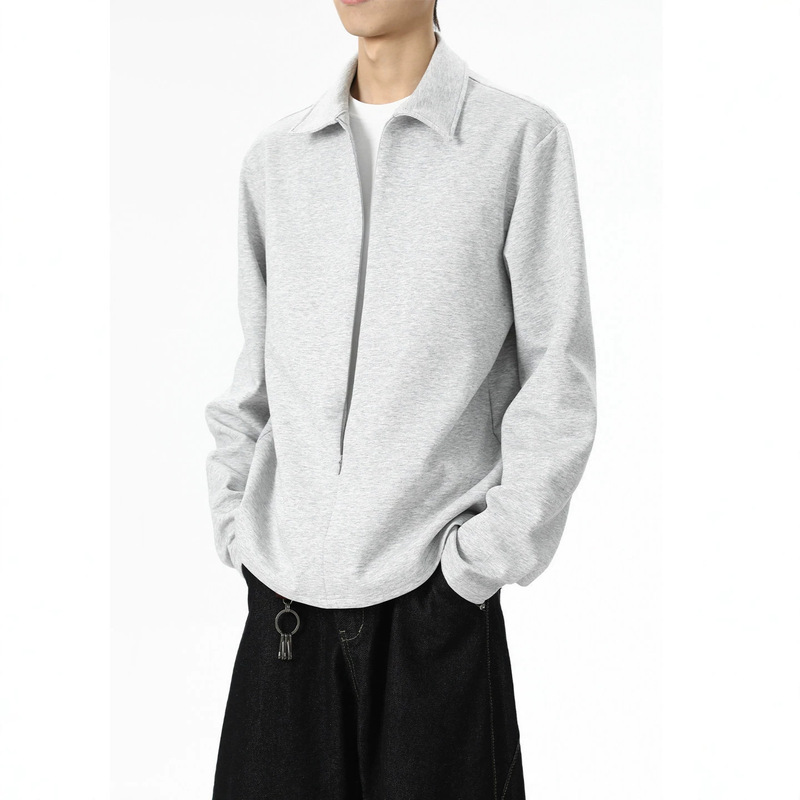 Fake two-piece zip-up jacket long-sleeve sweatshirt for men, autumn American retro loose casual turn-down collar polo shirt for men and women