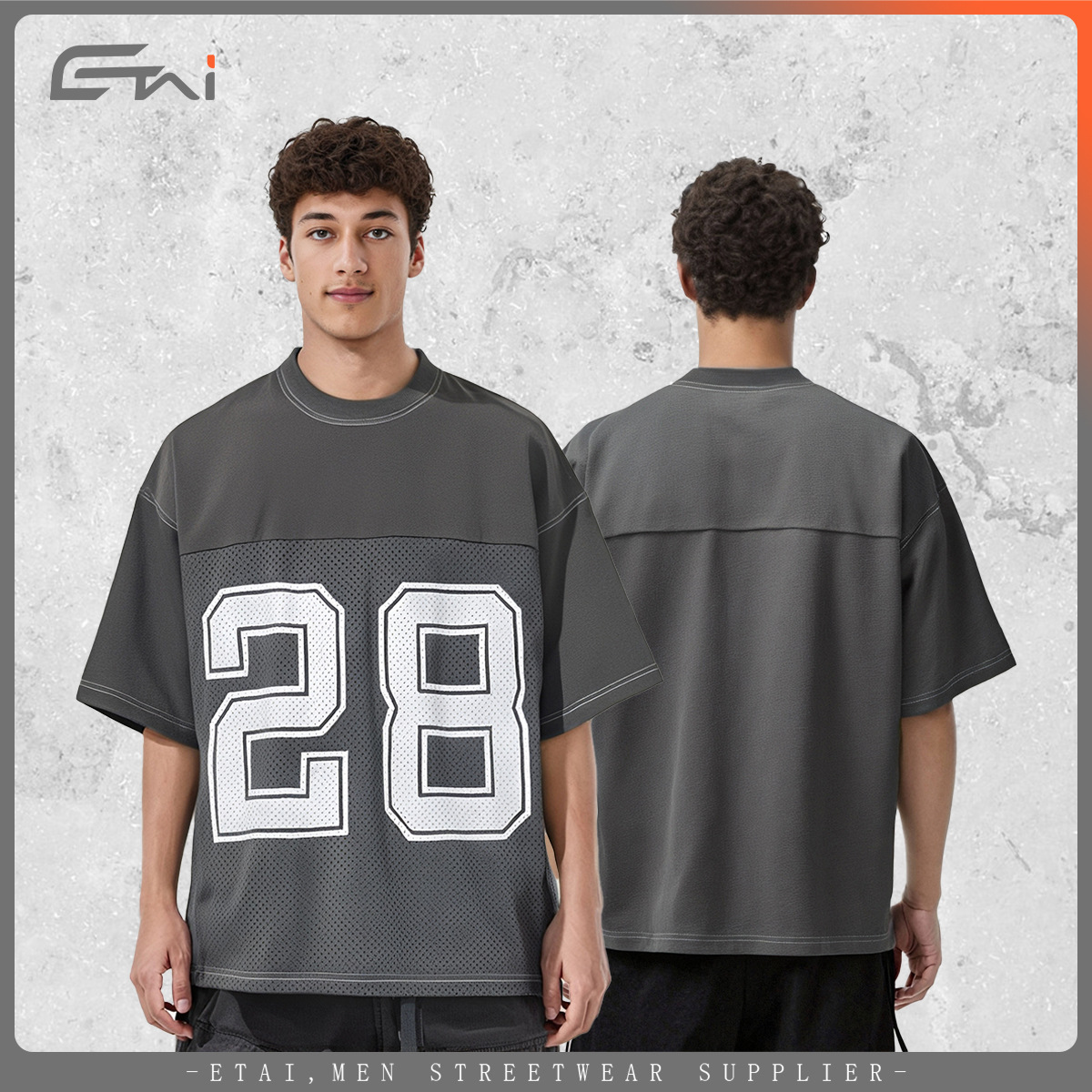 ETAI Hombre| Camiseta deportiva americana, camiseta de estilo, marca de moda masculina, tela de malla de alta calidad, línea de contraste de color, manga corta, ancha