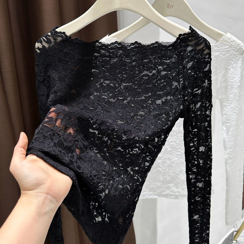 Black Thin Lace Base Shirt for Women 2026 New Style Pure Desire Style Off-Shoulder Hollow-Out Long-Sleeve T-Shirt Top