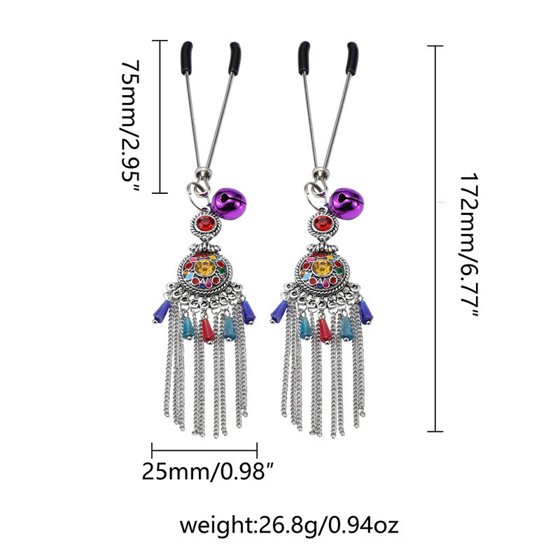 Vintage Metal Nipple Clamps with Feather Tassels, Bohemian Style Pair — detail image 2