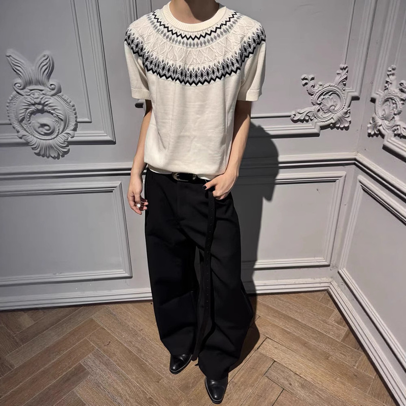 High-Quality Fair Isle Knitted Wool Blend Short-Sleeve Cool Silk Summer Round Neck Comfortable Breathable Raglan Short-Sleeve