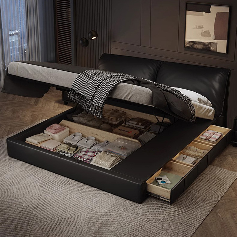 Cama de cuero, cama principal de cuero de vaca, cama de almacenamiento de tres extracciones, cama doble moderna y simple.