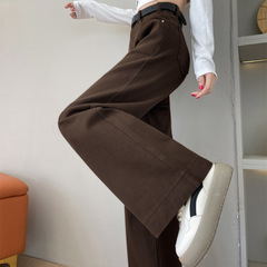 Coffee-colored wide-leg jeans for women in autumn and winter slim and narrow version straight loose small person plus velvet draped floor pants