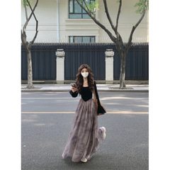 禅意风中式拼接连衣裙女2025春装新款复古高腰长袖显瘦长裙女