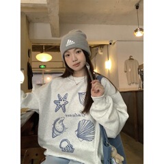 现货实拍~韩系可爱贝壳海星印花宽松圆领卫衣女休闲百搭上衣外搭