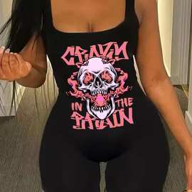 欧美2023亚马逊新款女装性感U型领紧身工字背心运动休闲短裤套装