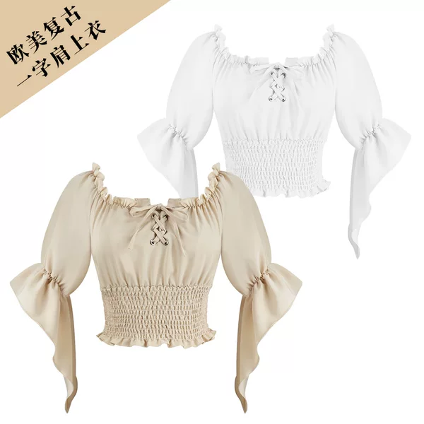 2025 Halloween European and American Medieval Renaissance Mid-Sleeve Shirt Corset Top Pirate Shirt Women's Performance Costume