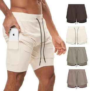 2021 New Sports Shorts Men's Double Layer Color Matching Hanging Towel Fitness Running Breathable Solid Color Pants Amazon