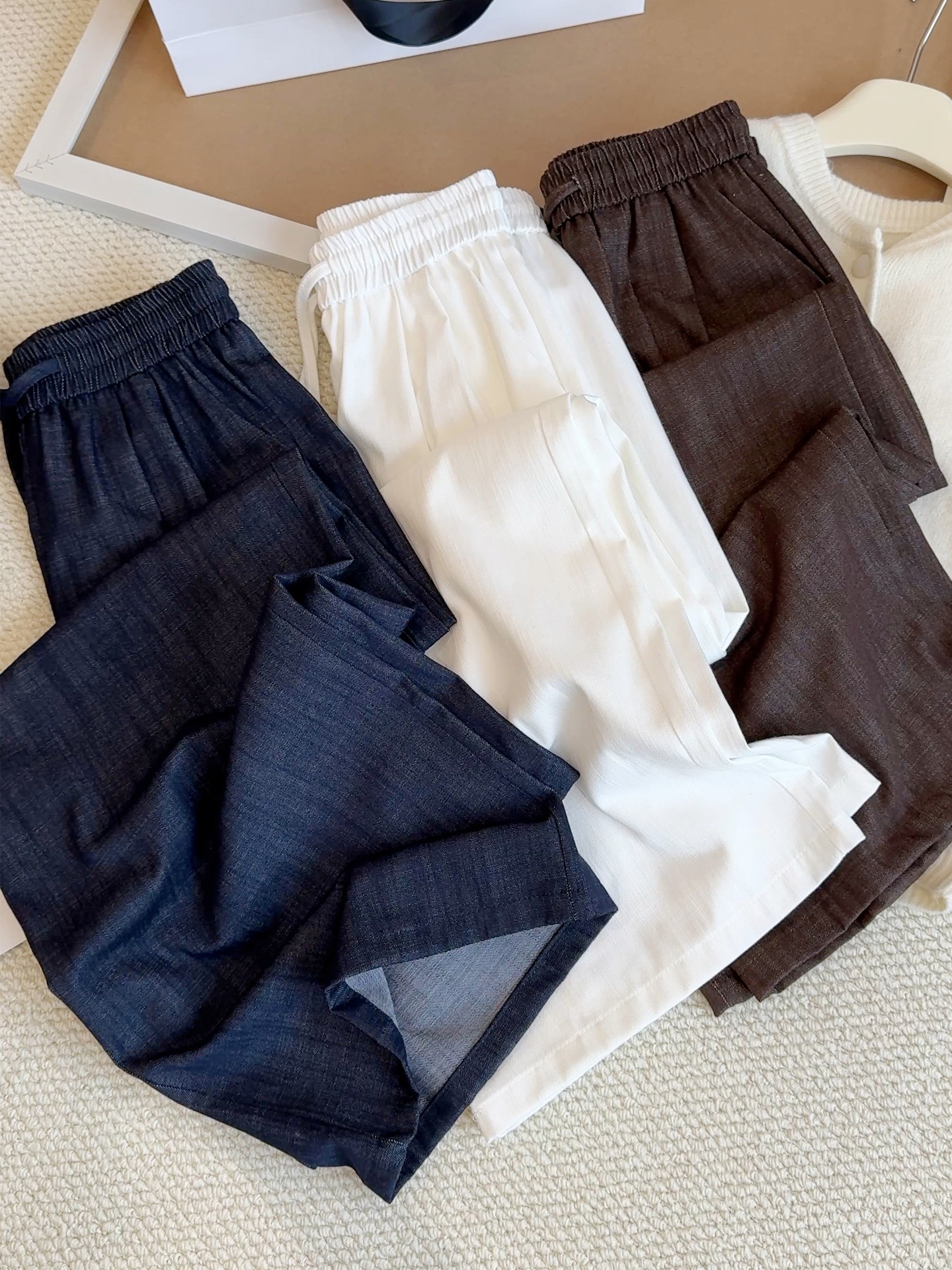 Quần jean ống rộng cạp cao dây rút cổ điển mùa hè cho nữ — màu xanh denim chi tiết 2