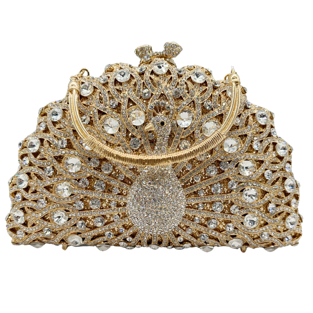 Túi clutch nữ đính đá hình con công rỗng dạ hội — Đen xanh lục, Xanh vàng, Nền vàng kim cương trắng, Vàng hồng chi tiết 9
