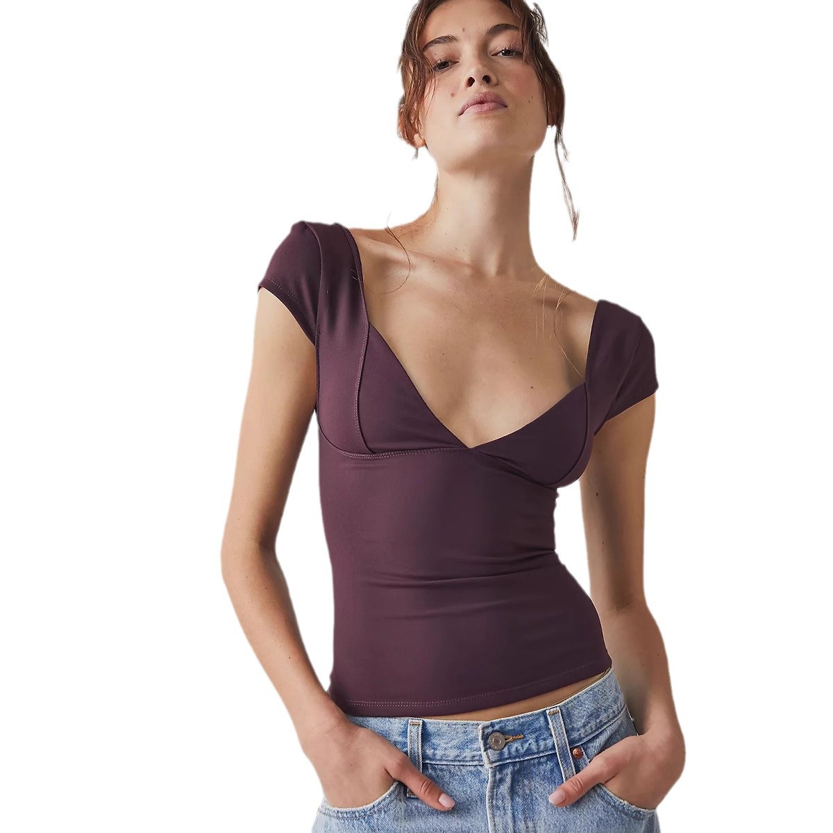 Ropa Y2K para Mujer, Comercio Exterior, Amazon, Top Corto Sexy con Escote en V, Color Sólido, Ajustado, Camiseta de Manga Corta image 6