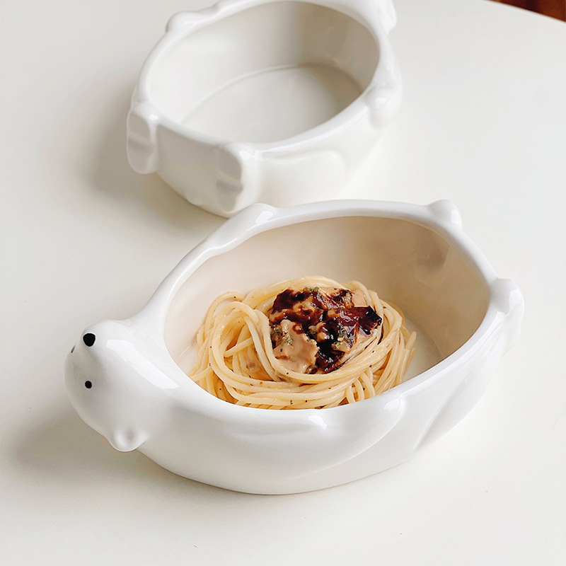 Japanese ins polar bear ceramic bowl plate cute oval disc salad dessert tableware suit noodle bowl rice bowl soup bowl
