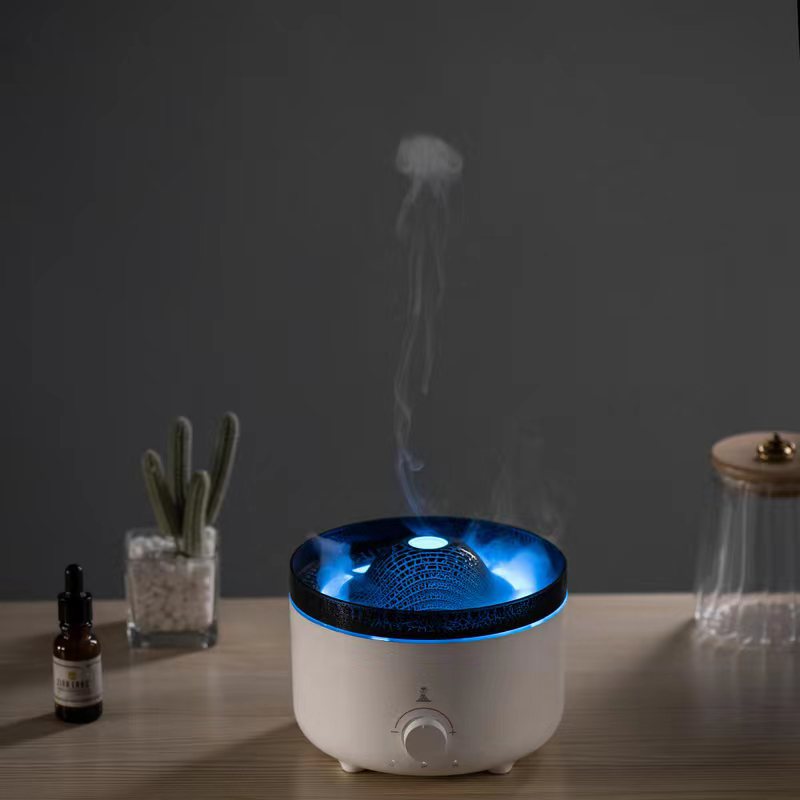 Nueva pequeña simulación llama volcán humidificador USB Mute dormitorio niebla humo anillo medusas aromaterapia máquina