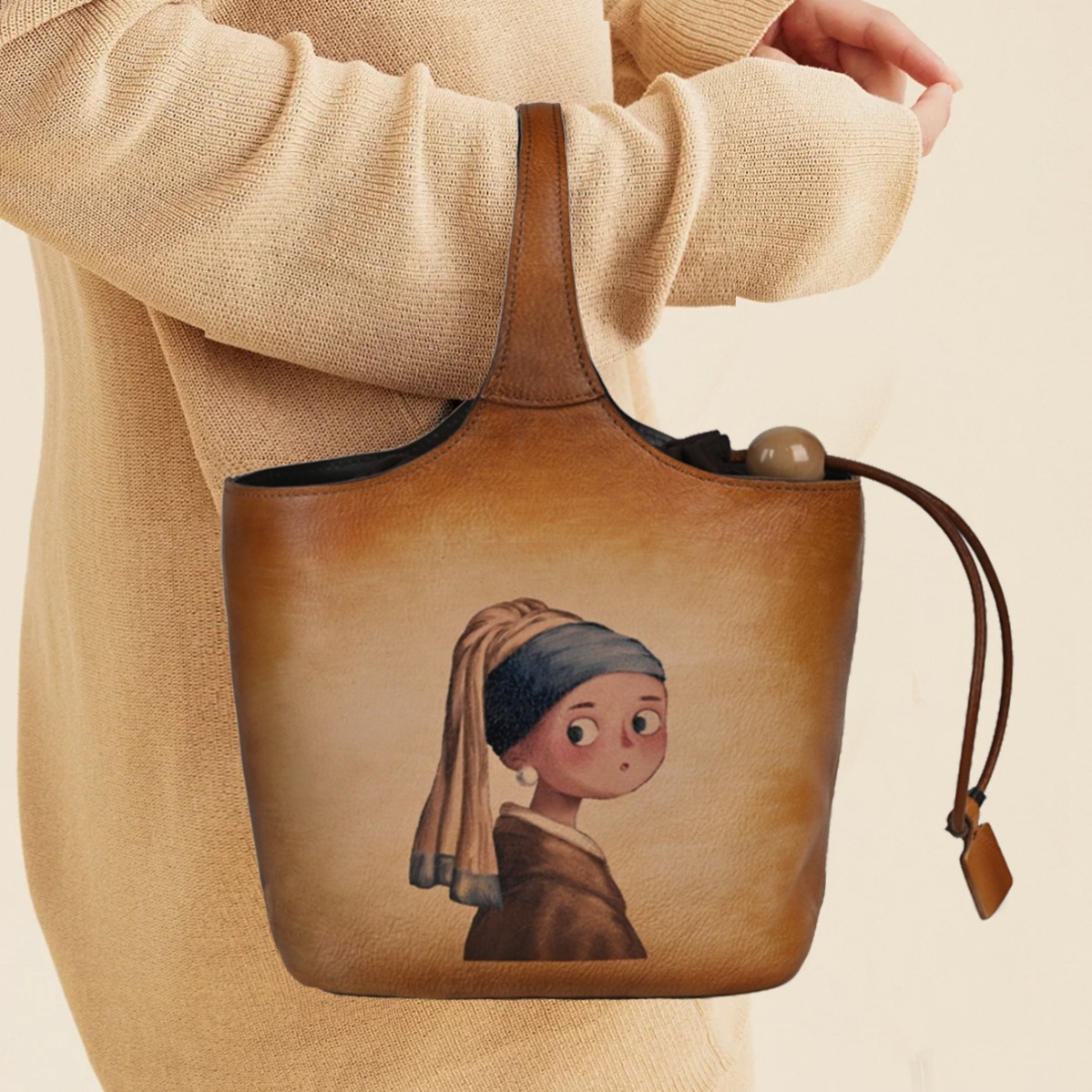 Túi bucket nữ da bò thượng hạng phong cách cổ điển in họa tiết handmade — Vàng cổ điển, Nâu cổ điển, Màu xanh lá cây chi tiết 5