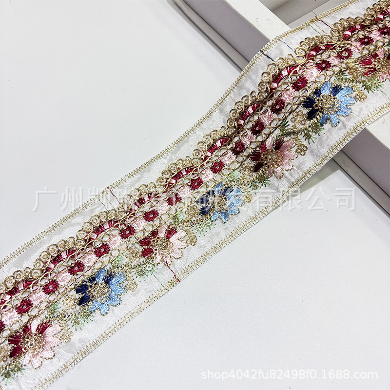 新款民族风刺绣花边车骨亮片花边复古网底金色股线