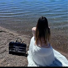 深蓝牛仔小香风托特包女单肩大容量帆布休闲通勤包海军条纹沙滩包