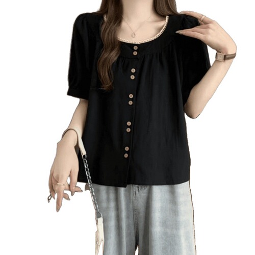 Women's Plus Size Cover Stomach Straight Shoulder Slimming Short Sleeve Shirt Summer Micro Fat mm Versatile Loose Baby Dress Top