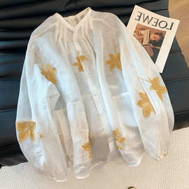 新中式系带刺绣花朵白色亚麻衬衫2025新款女复古时尚宽松气质上衣