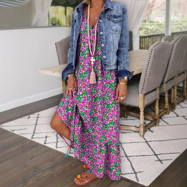 Meilleures ventes de vêtements féminins printemps/été en Europe et aux États-Unis : robe longue à bretelles et col en V, imprimé bohème, idéale pour la plage_voghion.com