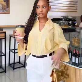 亚马逊批发夏季新款女装百搭竖条纹翻领单排扣宽袖口袋饰休闲衬衫