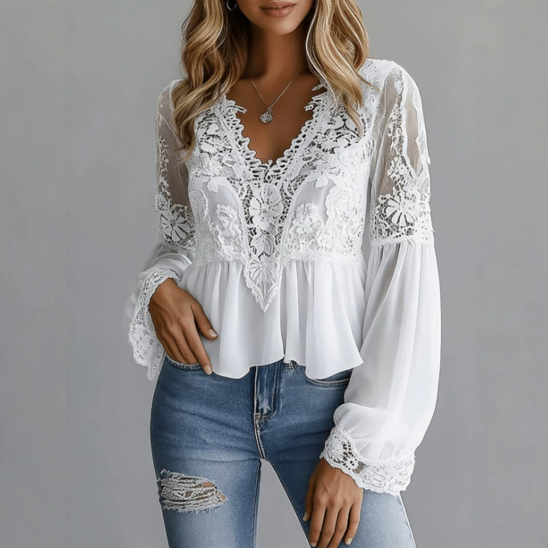 New European and American cross-border chiffon lace hollow-out shirt for women on Amazon