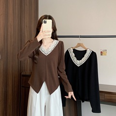 实拍2025秋季新款胖mm大码法式高级感蕾丝拼接长袖T恤女上衣64812