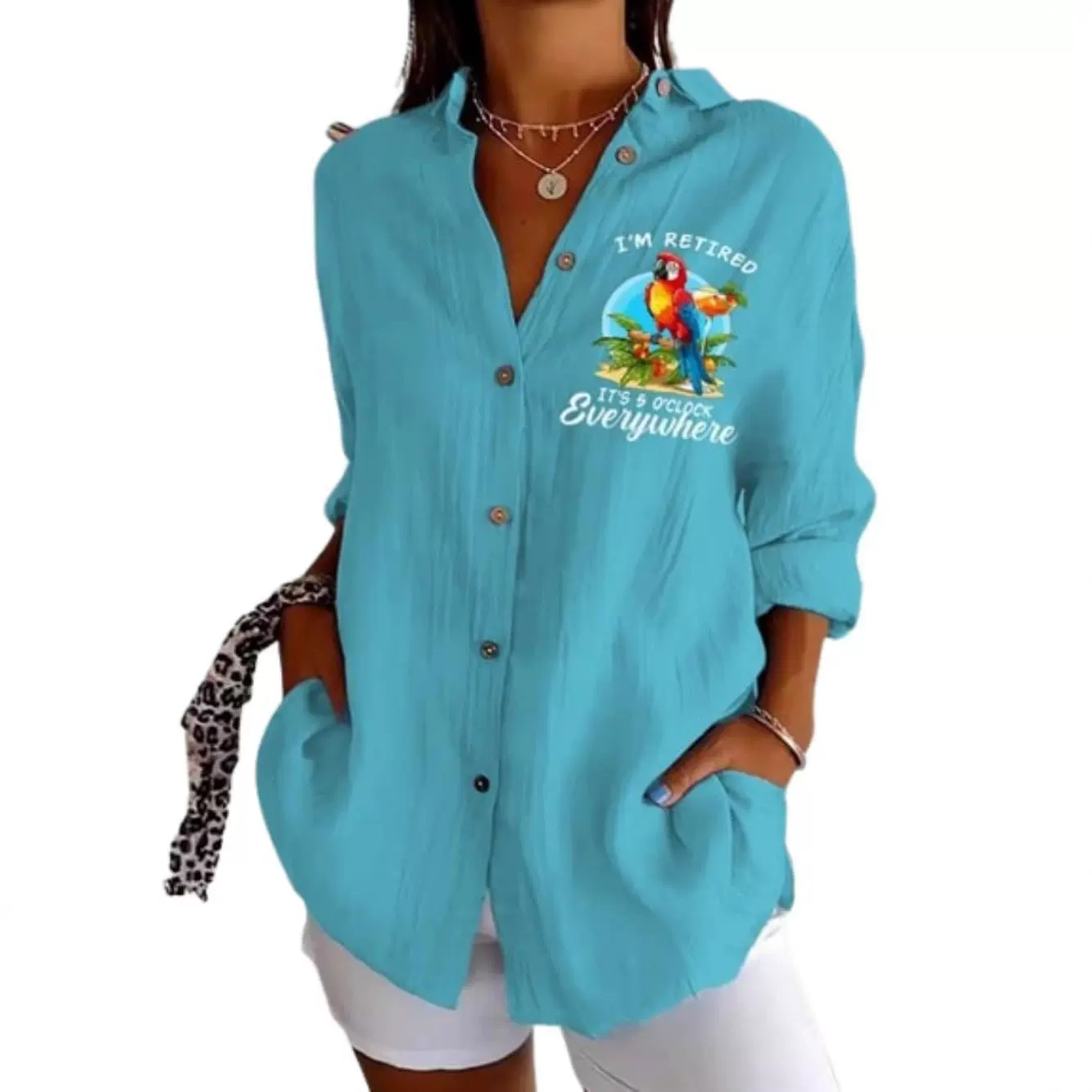 2025跨境夏季亚马逊速卖通热销欧美鹦鹉印花休闲宽松长袖衬衫女装