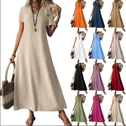 2025 New European and American style summer back zipper short-sleeved dress cotton linen plain color fashion slimming 
