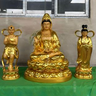 Custom-Made All-Copper Guanyin Bodhisattva Statue for Temples, Seated Guanyin Statue on Lotus, Painted Copper Buddha Statue, Offering Child, Decorative Statue