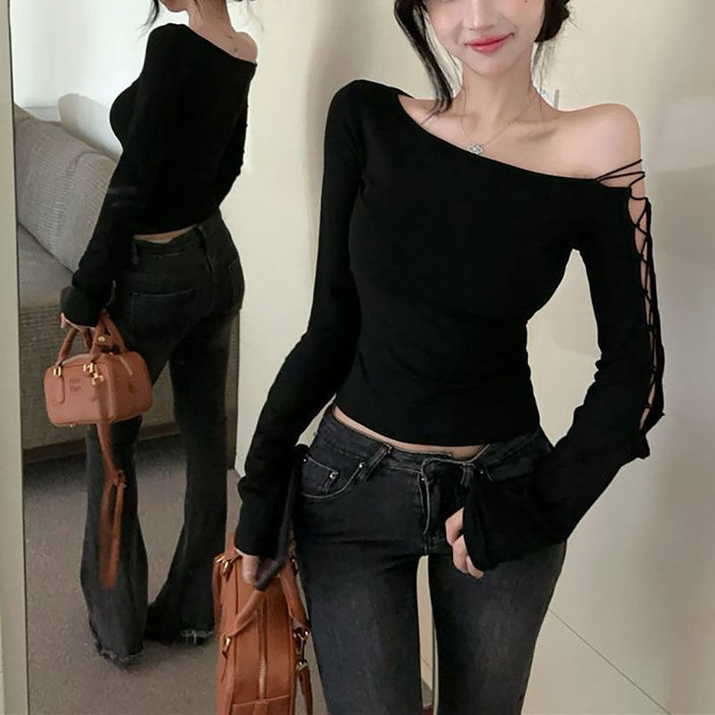 American Design Off-Shoulder Lace-Up Long-Sleeved Trendyy T-Shirt for Women in Summer, Unique and Chic Slim-Fitting Top for Hot Girls