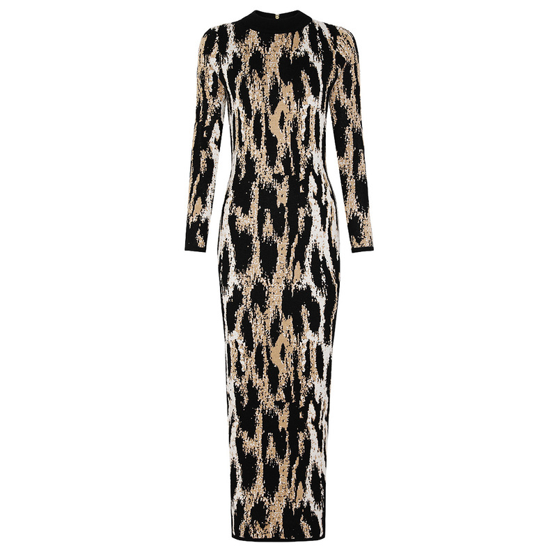 25194 High Quality Spot Spring & Fall New Fashion Knitted Round Neck Slim Slim Leopard Print Long-Sleeved Dress for Women