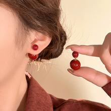 安可拉红双面大小珍珠耳钉女2024新款爆款高级感独特耳环复古耳饰